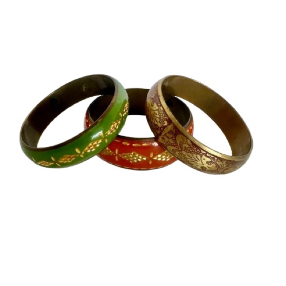 Vintage Brass Enamel Bangle Bracelets Cloisonné Style Heart Cutout Multi-color